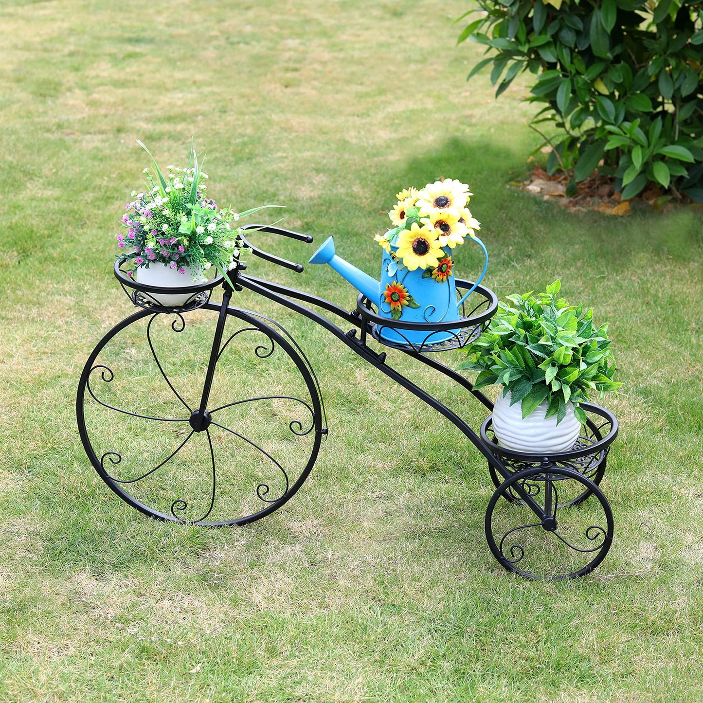 unho Tricycle Iron Planter Stand: 3 Potted Bicycle Shape Plant Flower Pot Rack Metal Display Shelf Holder for Patio Garden Indoor Outdoor