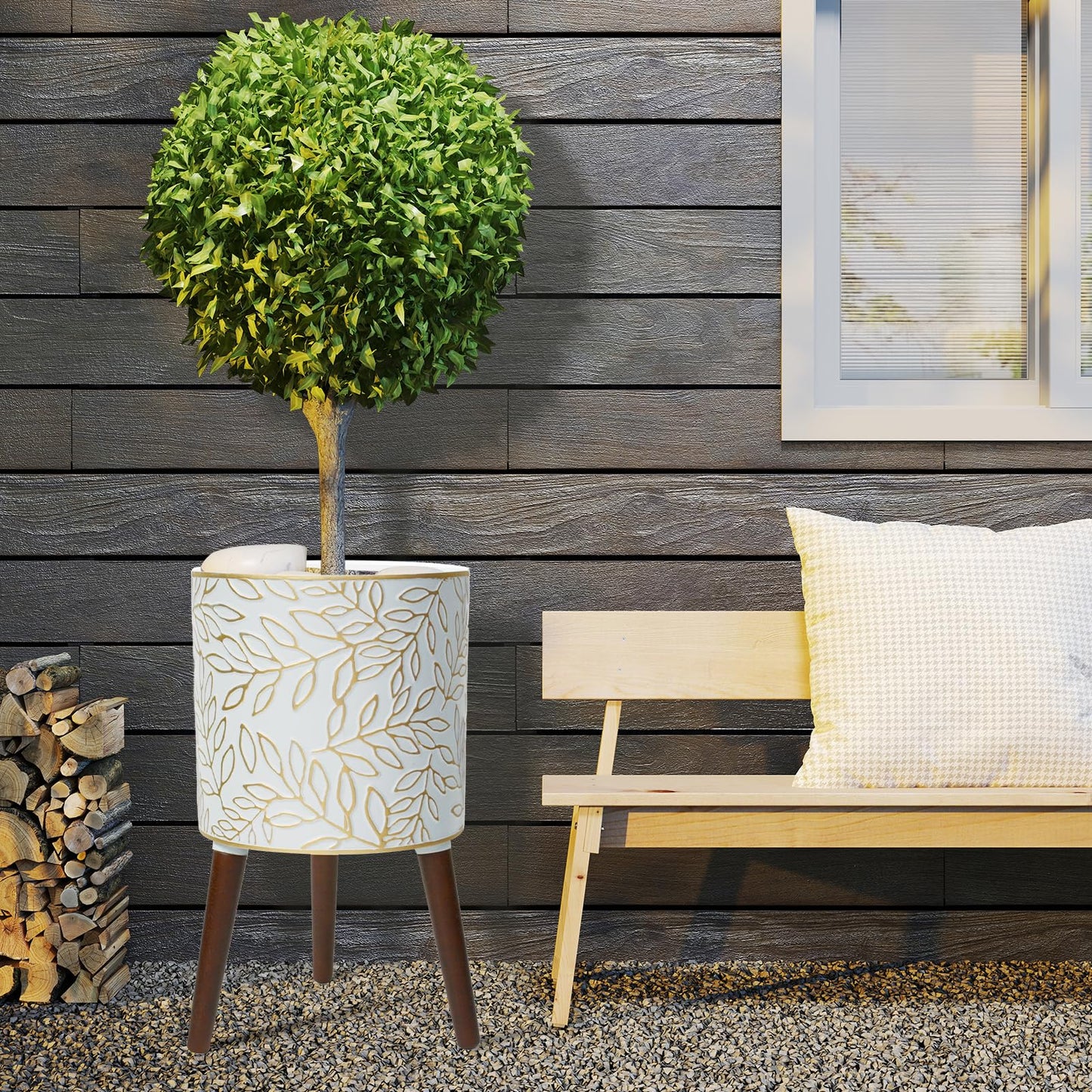 Opnons 12inch Plant Pots with Wood Planter Holder Indoor Flower Pot with Gold Floral Embossed Modern Planters with Drainage Holes for Living Room, Office, Garden or Balcony