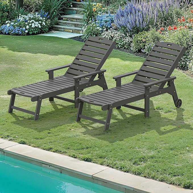 LUE BONA Lounge Chair Outdoor Set of 2, HDPS Chaise Lounge Outdoor