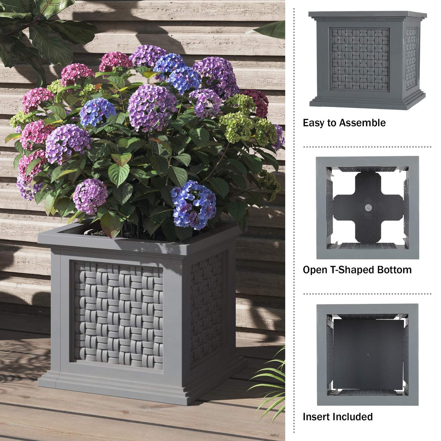Rattan Style Outdoor Planter Box - 14.65-Inch-Square Decorative Flower or Plant Pot - Garden, Patio and Front Porch Decor by Pure Garden (Gray)