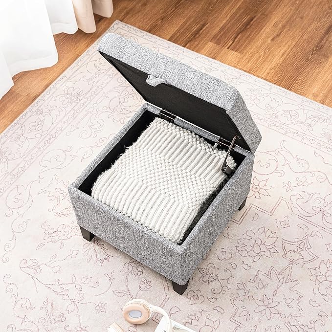 Adeco 18-Inch Cube Storage Ottoman, Upholstered Linen Footrest Stool