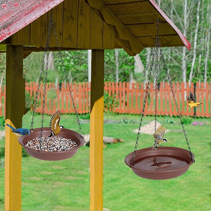 VUWEZ Hanging Bird Bath, Hanging Bird Water Feeder for Outdoors, Feeder Bowl, 2 Pack Birdbath Tray Accessories for Outside, Plastic Birdbaths Tray for Garden Patio Decoration (12", Chocolate)