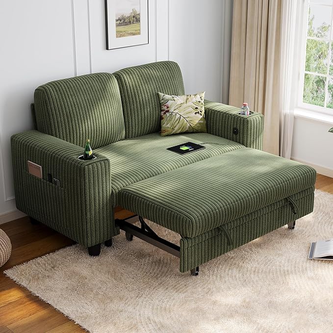 LINSY HOME Loveseat Sofa with Pull Out Couch Chaise: 2-in-1 Convertible 2