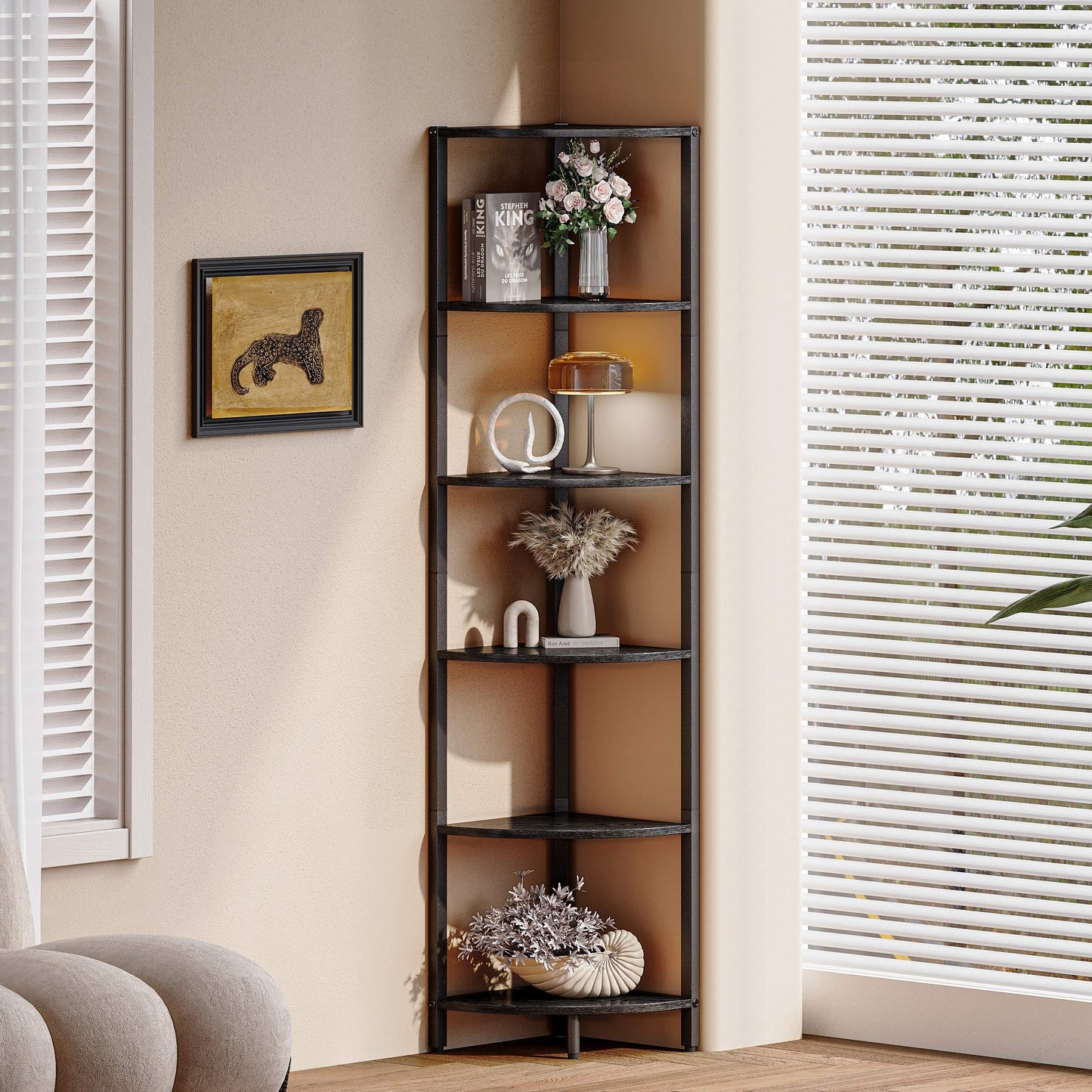 6 Tier Corner Shelf 63.1" Tall Corner Shelves stand Ladder shelf metal Standing Bookshelf Organizer Display Rack Bookcase Plant Stand Industrial for Living Room Bedroom Black Wood grain CS-001B3