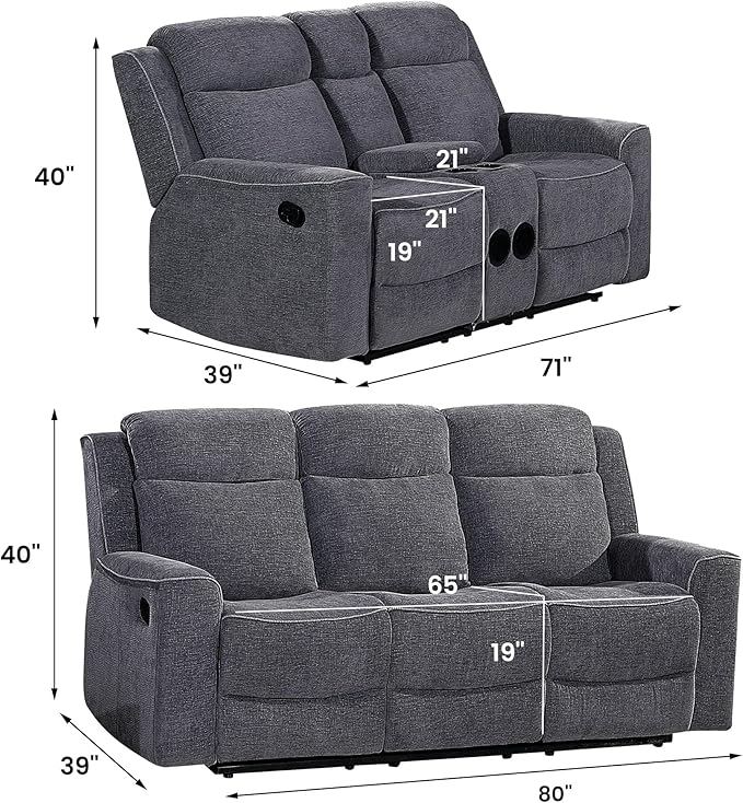 Betsy Furniture Soft Microfiber Manual Reclining Sofa Set, Sofa w/Dropdown Table