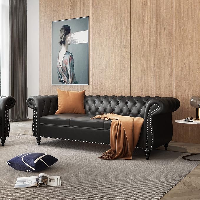 ORRD 2 Pieces Living Room Set, Chesterfield Leather Sofa Loveseat Couch