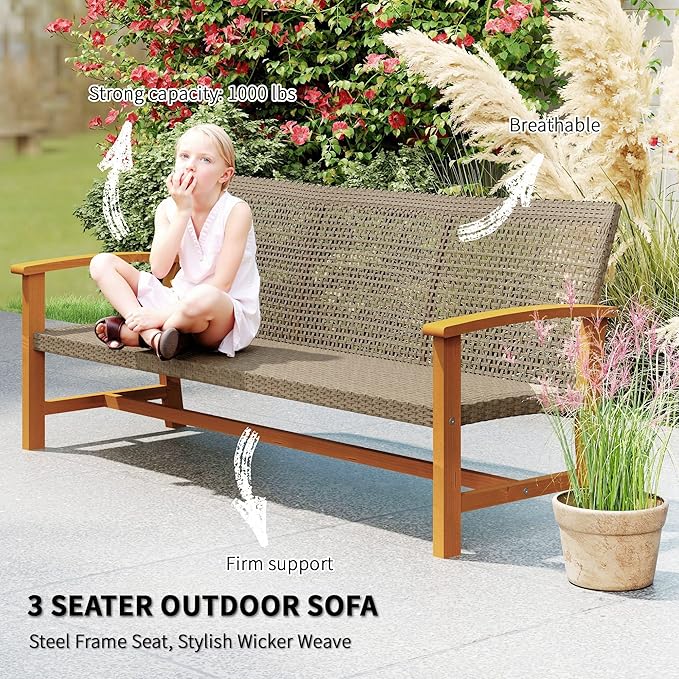 Outsunny Wicker Outdoor Couch, 3-Seat Rattan Outdoor Patio Sofa, 1000 lbs.