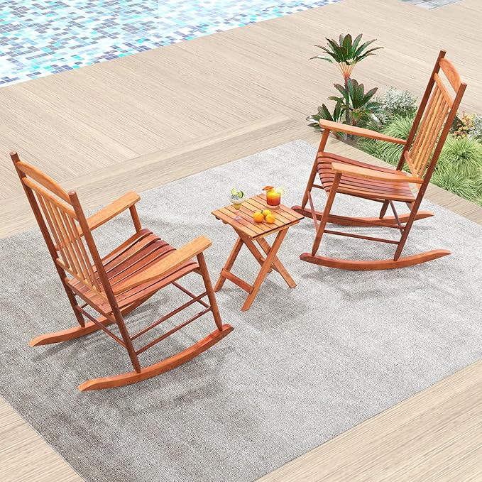 Tangkula 3-Piece Outdoor Poplar Wood Rocking Bistro Set, High Back Front Porch