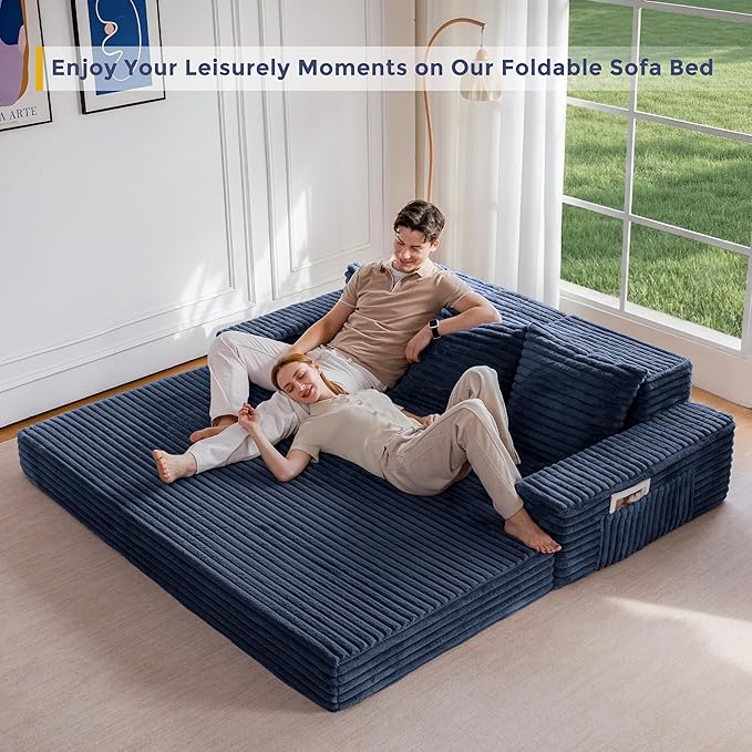 MAXYOYO Loveseat Sofa Bed, Striped Faux Fur Foldable Floor Sofa Couch in A Box