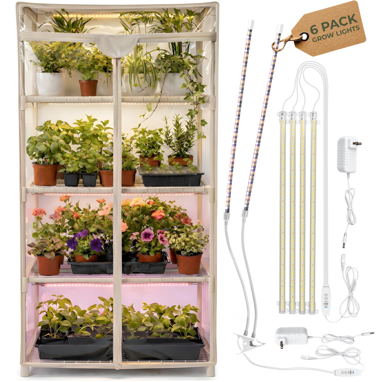 Carpathen Indoor Greenhouse with Grow Lights - 4 Tiers 27.2"L x 19.3"W x 54"H with 4 Dimmable 15W Full Spectrum LED Light Strips and 2 Gooseneck Clip-on Plant Lamp - Mini Greenhouse with Zip PVC Cover