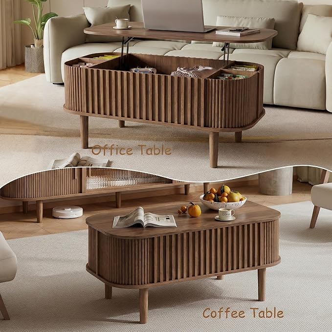 Lift Top Coffee Table with Storage, Faux Marble Top, Wood Fluted Center Table