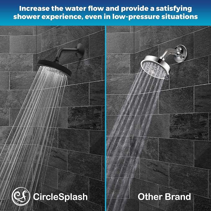 High Pressure Shower Head - Anti-Clogging Silicone Nozzles 2.5 GPM Removable Restrictor - Easy to Clean and Install - Includes Plumbers Tape - 6 inch - (Matte Black 2.5GPM)