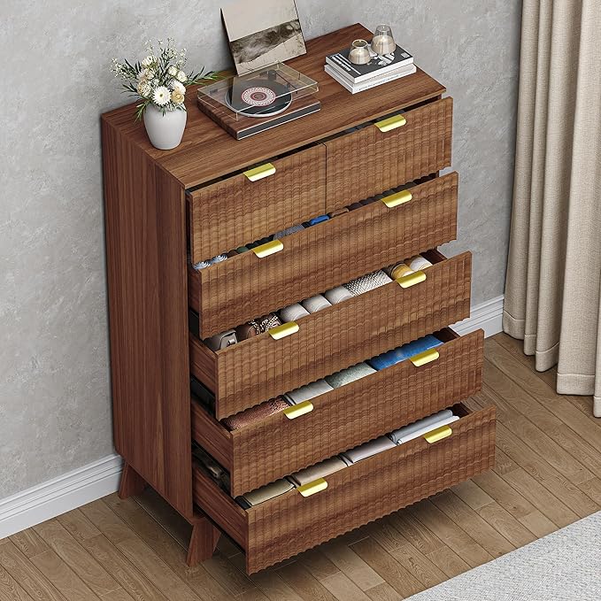 BORNOON 46" Tall Dresser for Bedroom, 6-Drawer Fluted Chest of Drawers