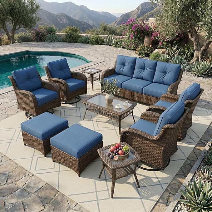 Patio Furniture Set, High Back Rattan Sofa & Swivel Rocker Chairs, Weather