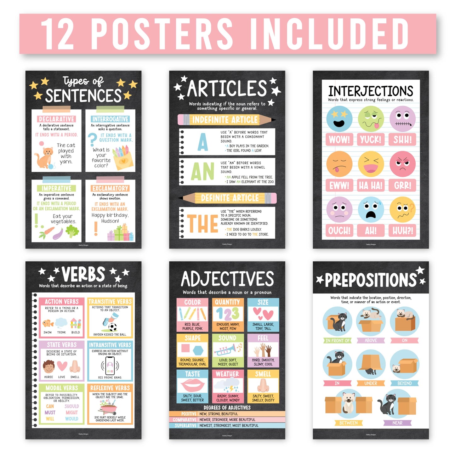 Parts of Speech Posters for Classroom Must Haves -12 English Grammar Posters, Writing Process Language Arts for Homeschool,Elementary & Middle School,ELA 3rd 4th & 5th Grade Chalkboard Classroom Decor