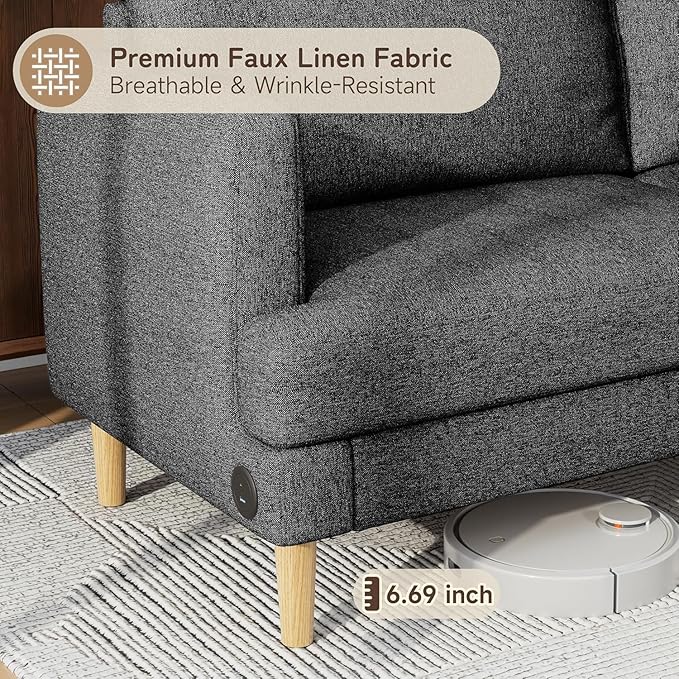 70" Modern Loveseat Sofa with USB Type-C Ports, Linen Fabric 2-Seater Deep Seat