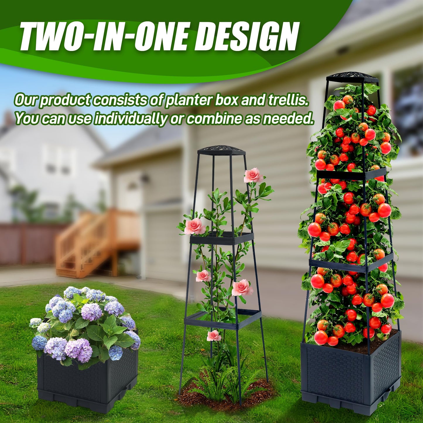 Biotolot 2 Packs Raised Garden Bed Tomato Planter Box with Trellis,44.8" Self-Watering Tomato Cage with Trapezoidal Trellis for Climbing Plants Flowers Vegetables Vine in Patio Garden Indoor Outdoor