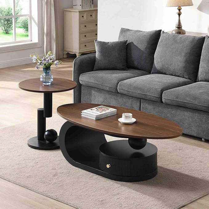 Modern Oval Coffee Table Set of 2, Wood Living Room Accent Coffee Table and