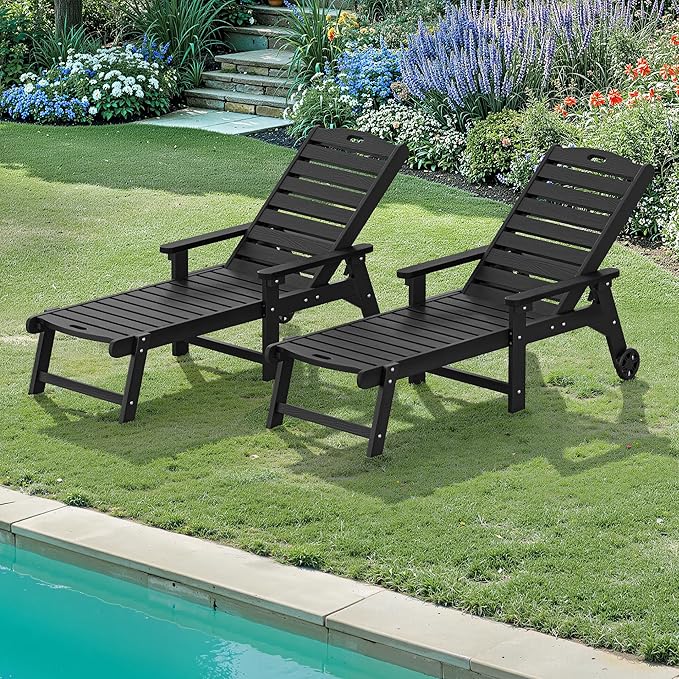 LUE BONA Lounge Chair Outdoor Set of 2, HDPS Chaise Lounge Outdoor