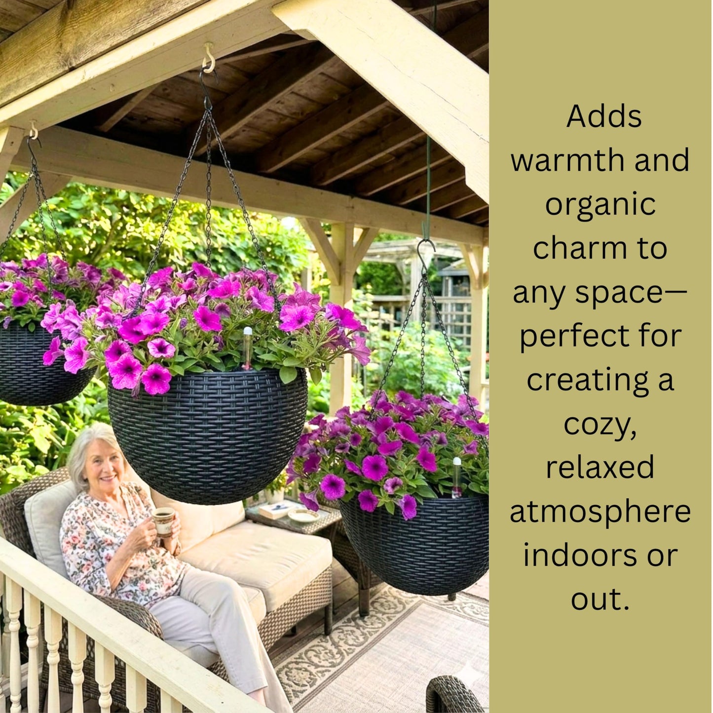 LaLaGreen Indoor Hanging Planter (11 Inch, 1 Pack) Self-Watering Round Basket with Water Level Indicator, Rattan Style Flower Pot Black Metal Chain for Deck Porch Patio Garden Balcony Outdoor Decor