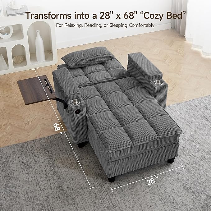 Oversized Recliner Chair with Swivel Tray Table, Modern Tufted Linen Fabric