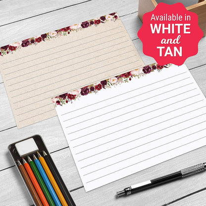 321Done Jumbo Floral Index Cards - Made in USA – Large 5x7 (Set of 50), College-Ruled Lined Notecards Double-Sided, Thick Heavy Duty Cardstock, Cute Pretty Flowers Red Roses on White Note Cards, XL