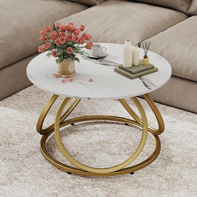 O&K FURNITURE Gold Round Coffee Table, Faux Marble Top
