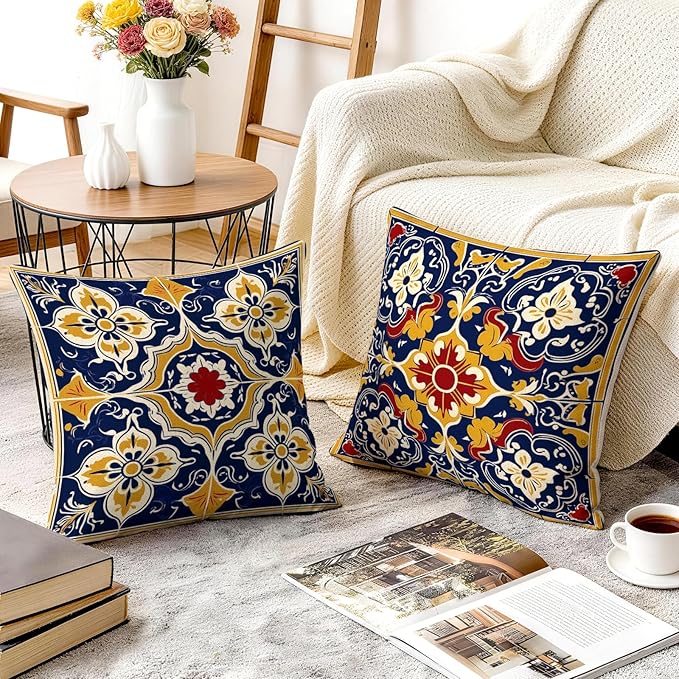 OBSEDE Throw Pillow Covers Set of 4, 18x18 Inch Blue and Yellow Mediterranean