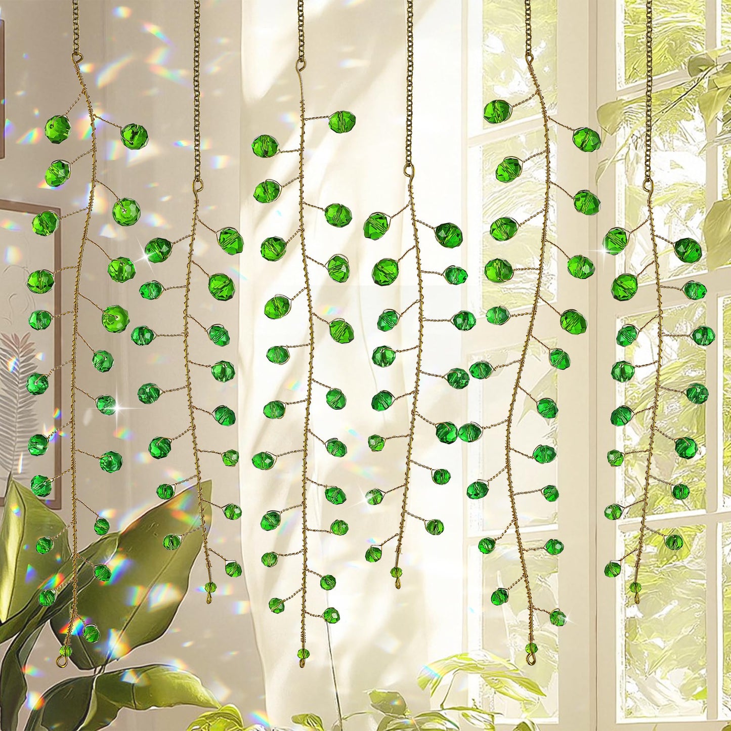 H&D HYALINE & DORA 6 Pcs Crystal Beaded Suncatchers Artificial Green Plants Hanging Wind Chime with Chain for Window Indoor Outdoor Potted Plants Decorations Plant Lover Gift