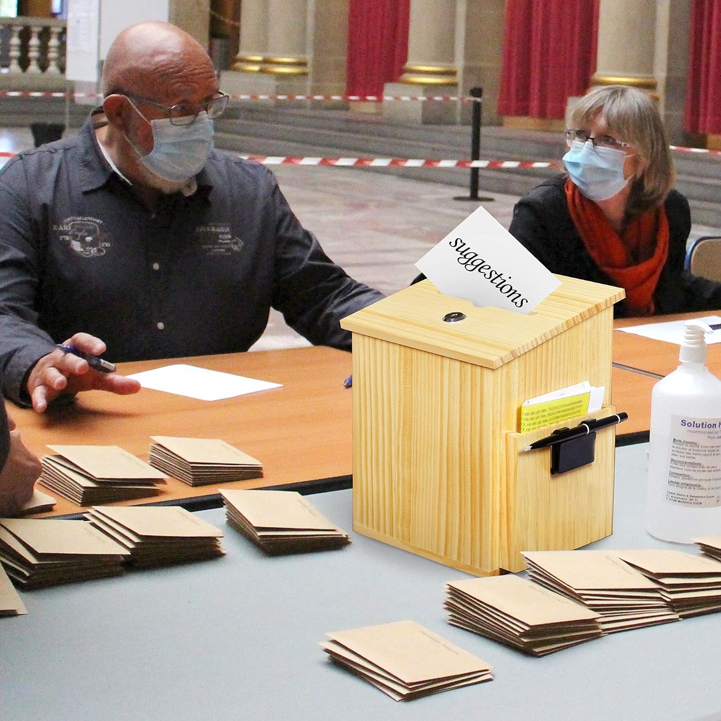 Wood Charity Donation collection Box Office suggestion Ballot Box With wide slot for envelopes and suggestion comment forms, side Pocket and Locking Hinged Lid & Pen for Table Or Counter-top(Natural)