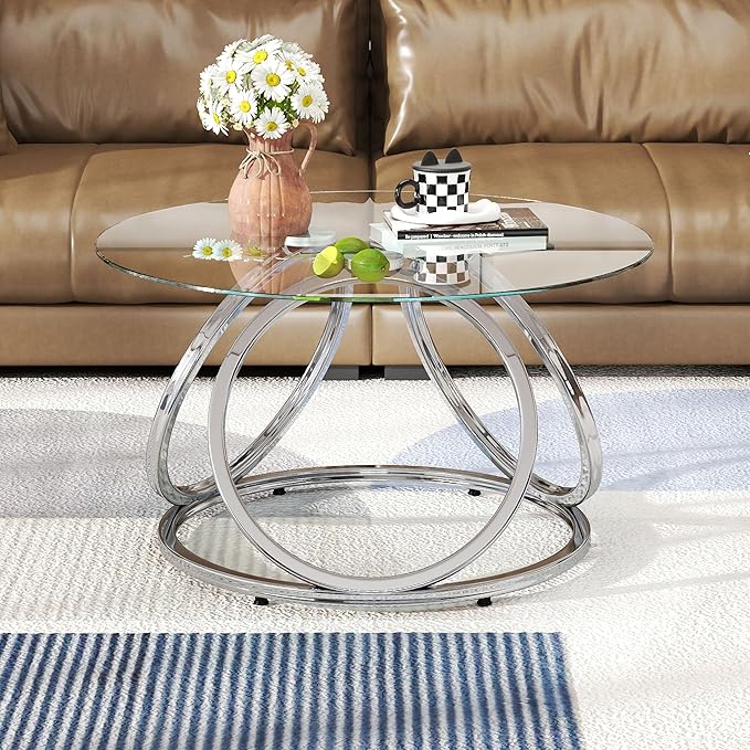 O&K FURNITURE Silver Coffee Table, Modern Glass Coffee Table Living Room Table