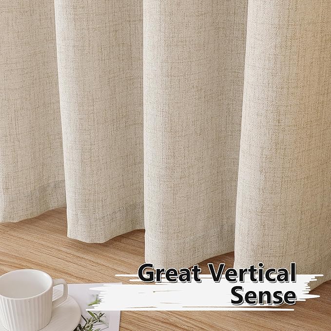 Tollpiz Short Linen Curtain Living Room Rod Pocket Semi Sheer Curtains Burlap Light Filtering Thick Linen Drape for Bedroom, 54 x 45 inches Long, Natural, Set of 2 Panels