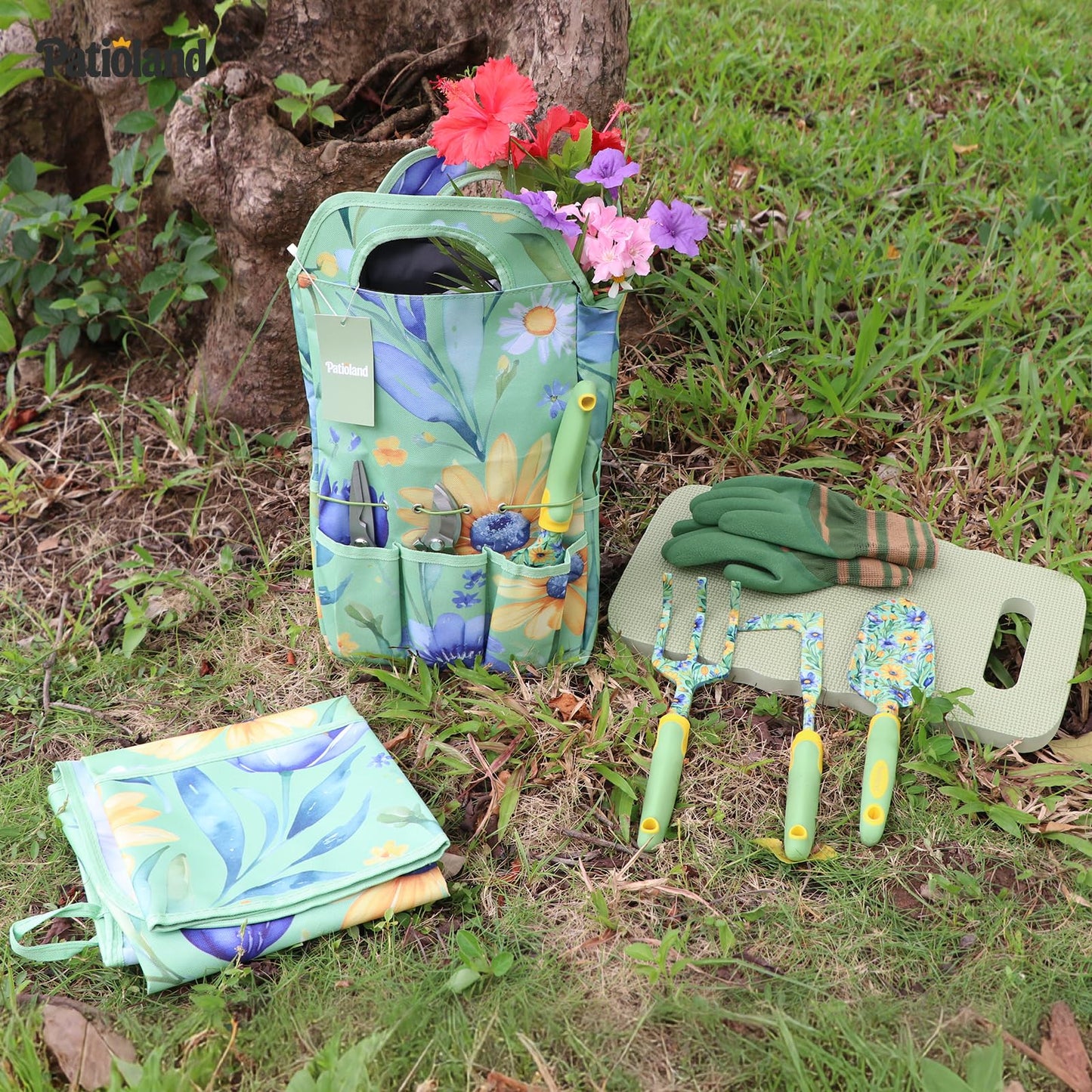 Patioland 10-Piece Garden Tool Set – Green Floral Print Gardening Hand Tools with Non-Slip Handles, Heavy Duty Rust-Proof Aluminum Tools, Organizer Tote Bag, Ideal Gardening Gifts for Women & Grandma