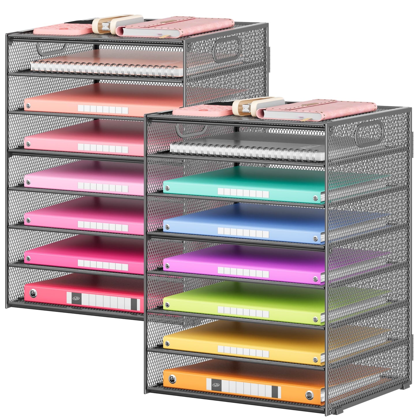 Lavatino 2 Pack 8-Tier Office Desk File Organizer, Letter Tray Paper Organizer with Handle, Including 5 Adjustable Slide Trays for Organizing Desk Workspace Accessories and Supplies (Grey Metal Mesh)
