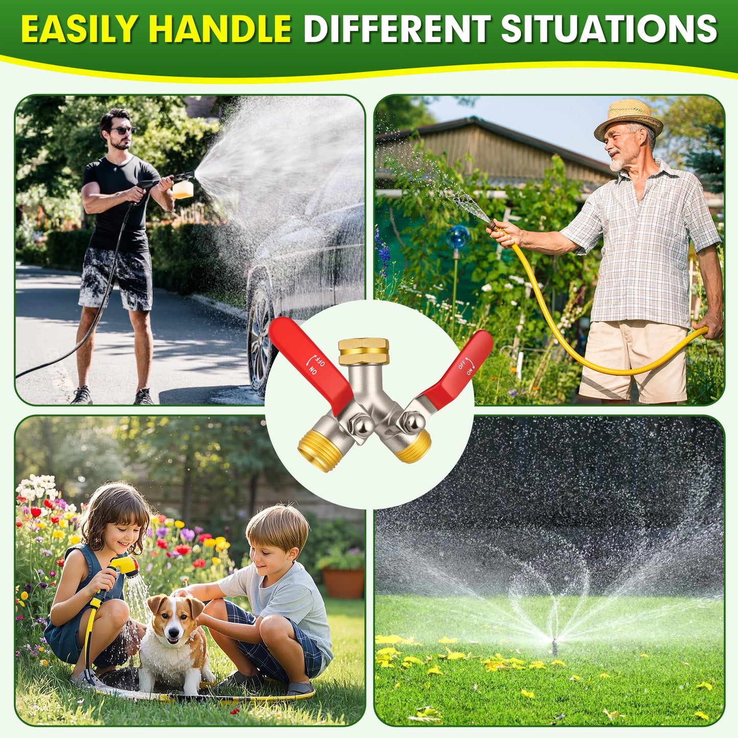 DINGBAI Hose Splitter 2 Way, High Flow Garden Hose Splitter, 3/4” Ght Inlet Brass Heavy Duty Hose Converter, Full Flow water 2 Way Faucet hose splitter, Long Handle Hose Valve Large Outlet.