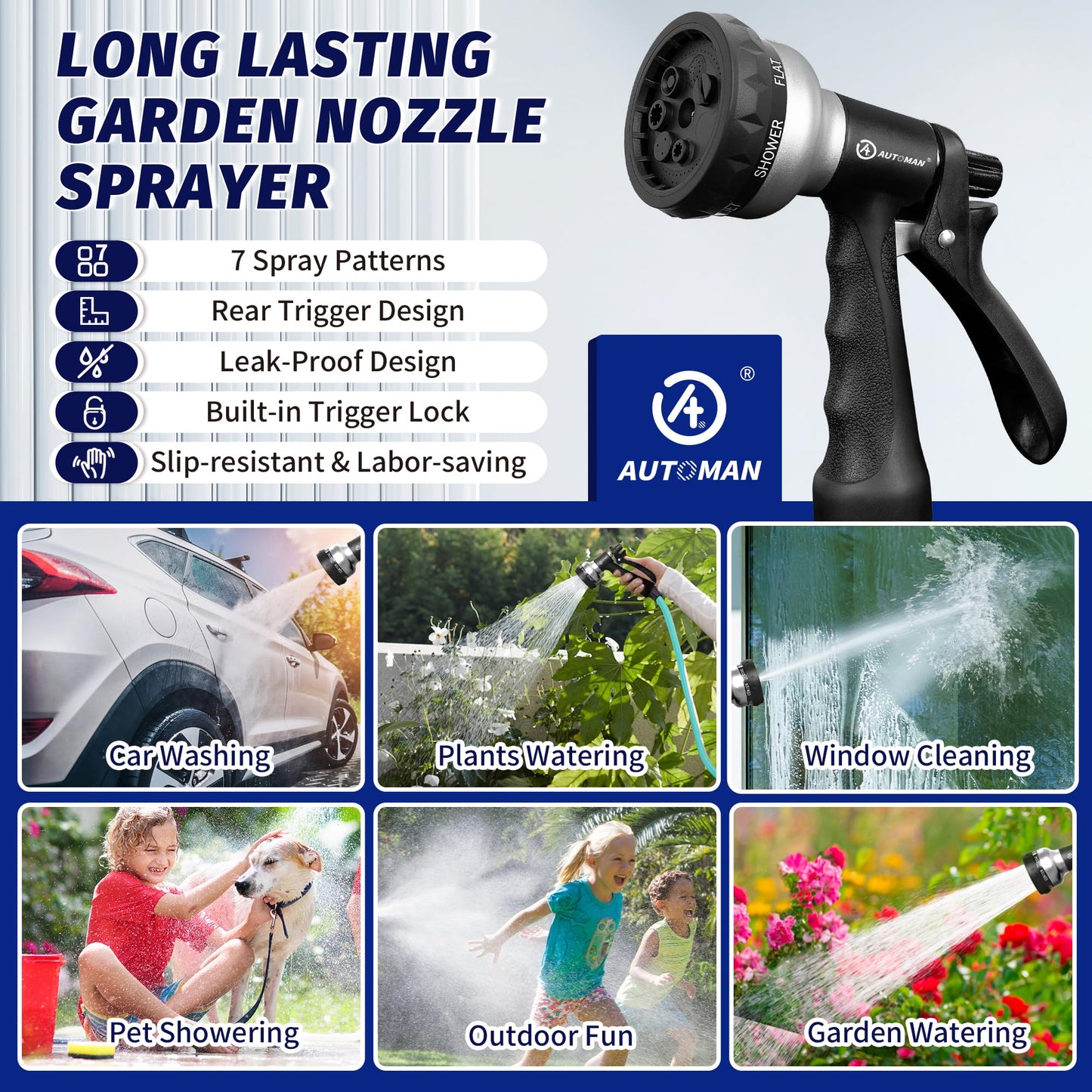 AUTOMAN-Garden-Hose-Nozzle, 2 Pack ABS Water Spray Nozzle, 7 Adjustable Watering Patterns, Slip Resistant for Watering Plants, Lawn& Garden, Washing Car, Showering Pets & Outdoor Fun.Silver Color