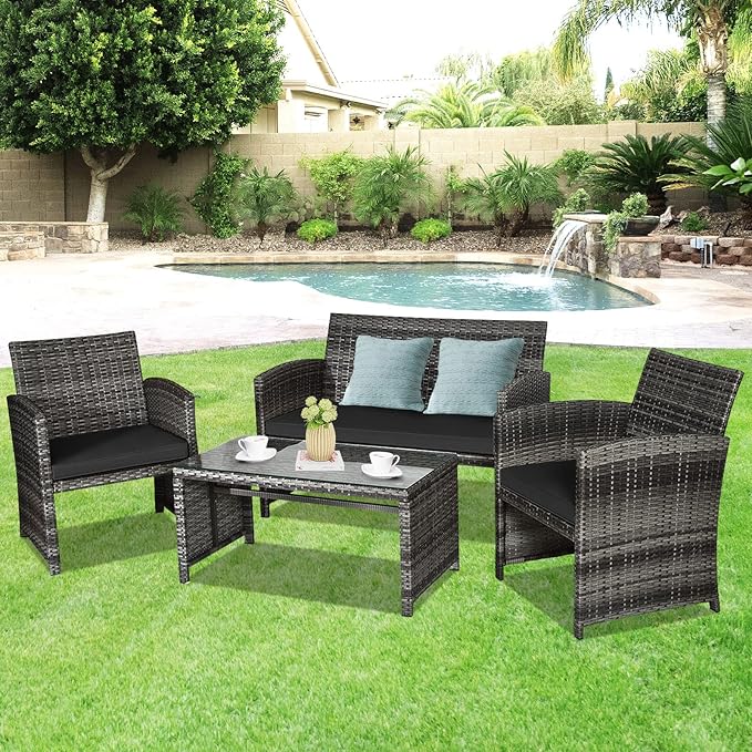 Goplus 4-Piece Rattan Patio Furniture Set, Outdoor Wicker Conversation Sofa