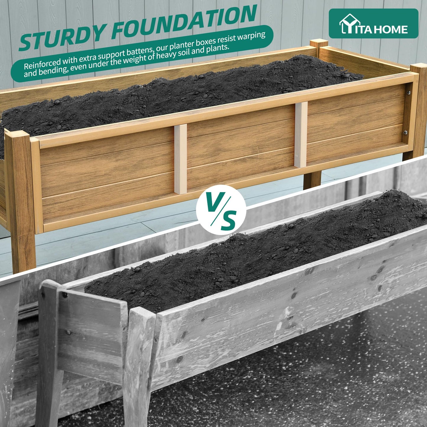 YITAHOME Raised Garden Bed Outdoor HDPE with Shelf, 48x18x30in Poly-Wood Weather-Resistant Elevated Planter Box with Legs for Vegetable Flower, Herb Garden Bed for Backyard Balcony Garden, Brown