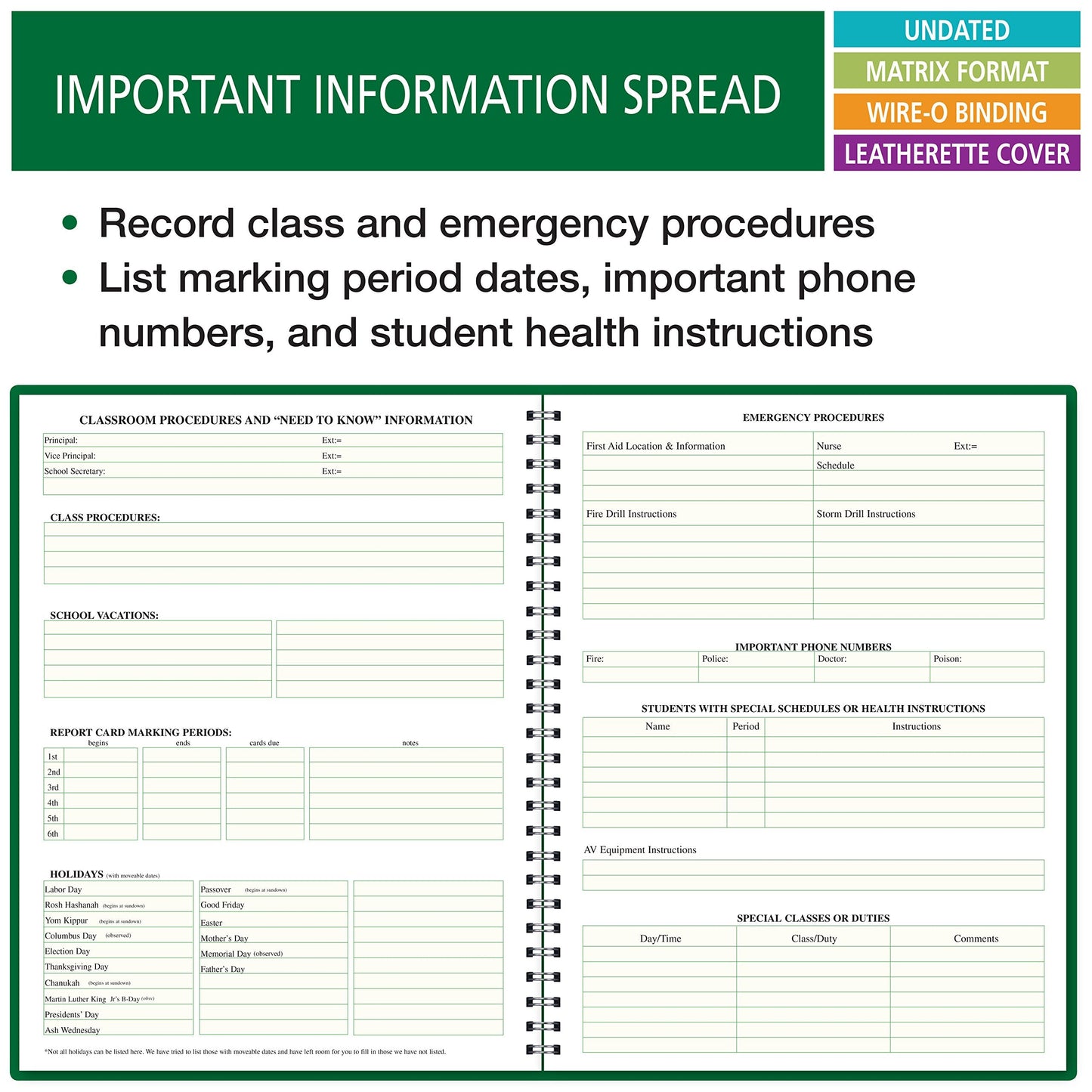 6 Period Wide Teacher Lesson Plan; Days Vertically Down The Side (6WPL)