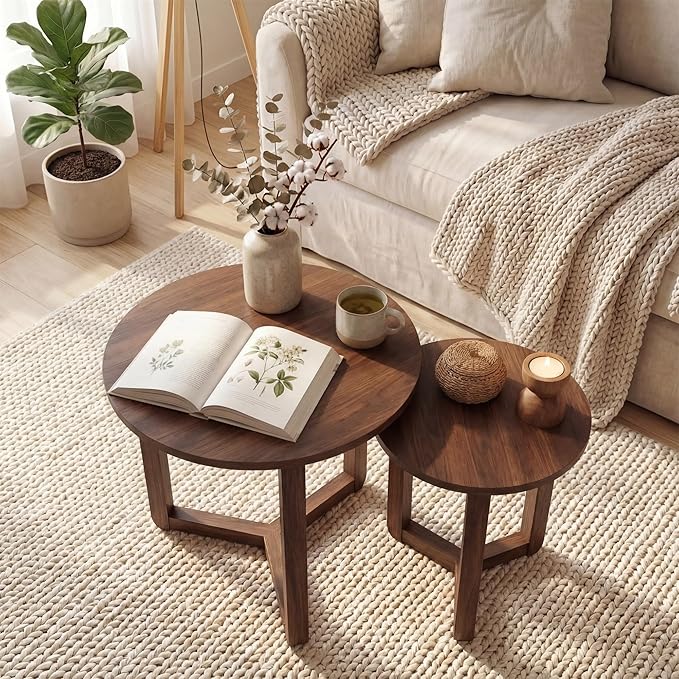 Tangkula Round Nesting Coffee Table Set of 2, Farmhouse End Tables