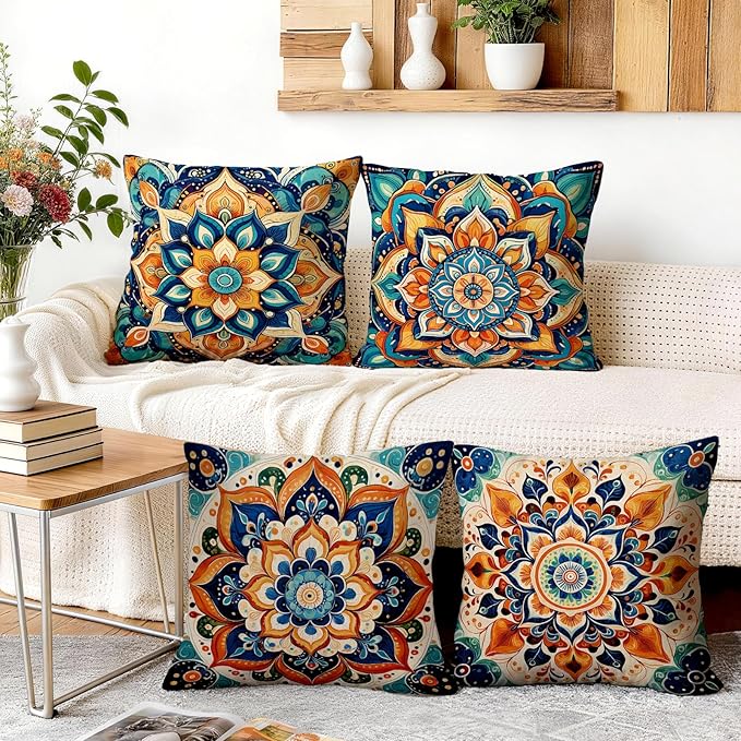 OBSEDE Boho Mandala Throw Pillow Covers Set of 4, 18x18 Inch Blue and Orange
