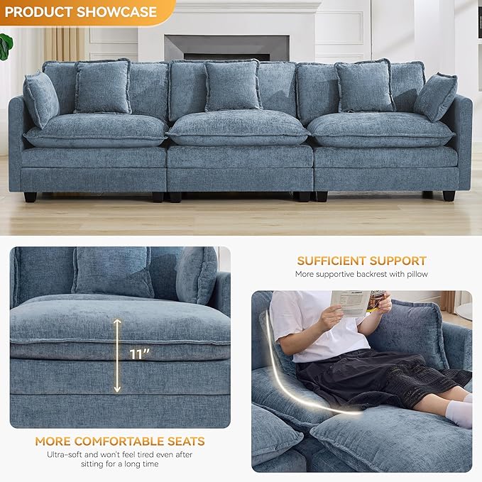 111'' Sectional Cloud Deep Seat Couch, Modern Comfy Chenille Modular Sectional