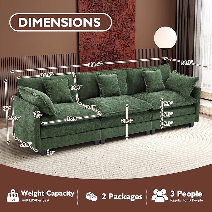 Ihanherry 111.4 Inch 3-Seater Cloud Sofa, Modular Sectional Couch, Modern Deep