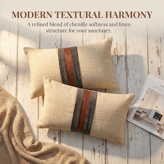Set of 2 Leather Throw Pillow Covers Lumbar Cotton Linen Decor Patchwork Pillow