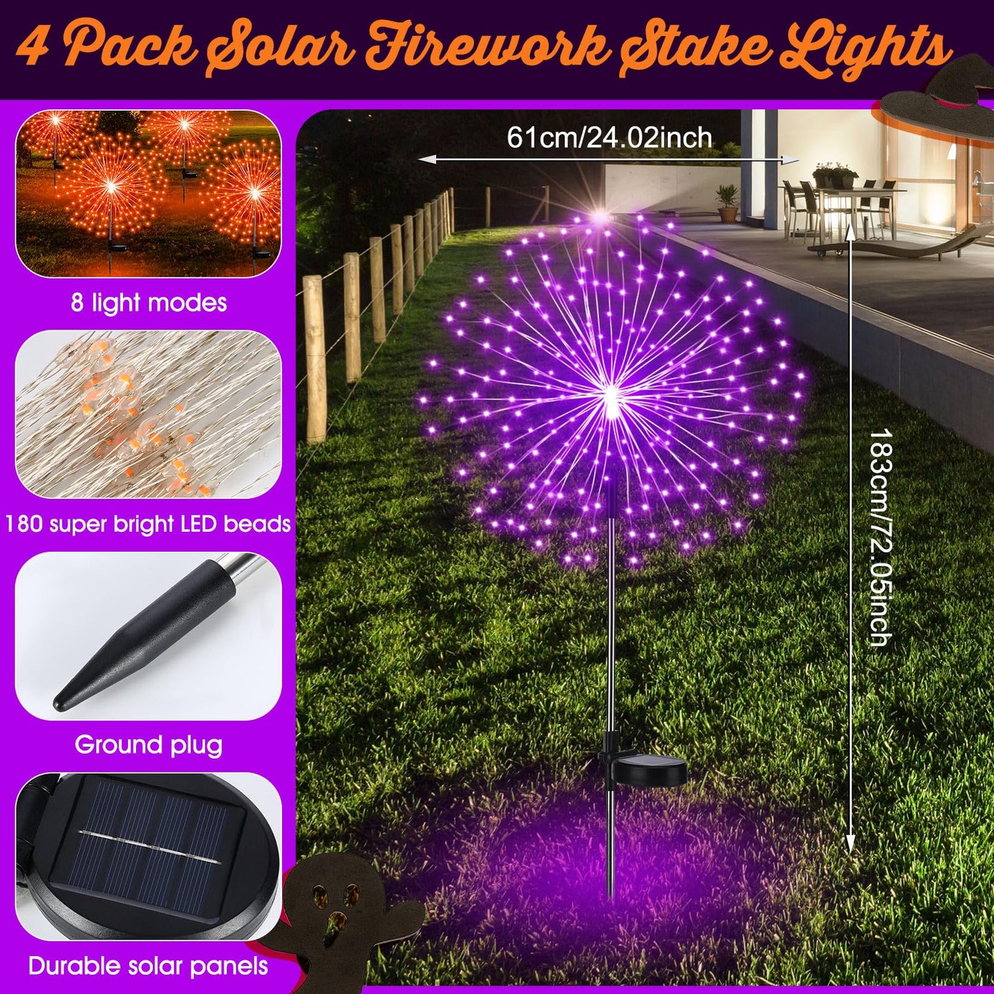 Tujoe 6 Pcs Fall Solar Firework Stake Lights 180 LED 8 Modes Solar Waterproof LED Sparkler Lights Outdoor Decoration for Halloween Christmas Holiday Garden Patio Yard Pathway Walkway, Orange, Purple