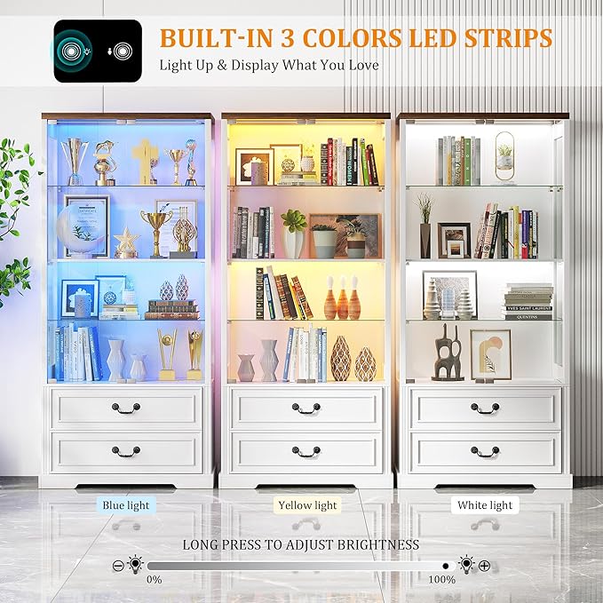 FREDEES Display Cabinet with Glass Doors, Tall Bookcase with 3 Color Lights and