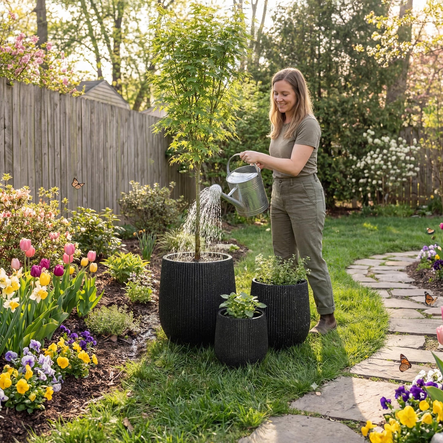 DTY Premium Mt Wilson Tall Tapered Fiberstone Planter for Indoor Outdoor Use, Modern Large Olive Tree Pot with Drainage Hole, 2 Coco Mats. Ribbed Black, Medium 15'' D x 16.7” H. 11.2” Pot Opening