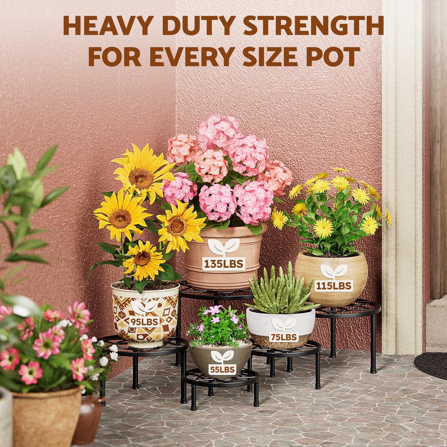 NQW 5 Pack Plant Stand Metal Flower Pot Stand Holders Indoor Tall Plant Rack Plant Round Black Plant Shelf For Patio, Living Room, Garden, Balcony(BlackDiamond)