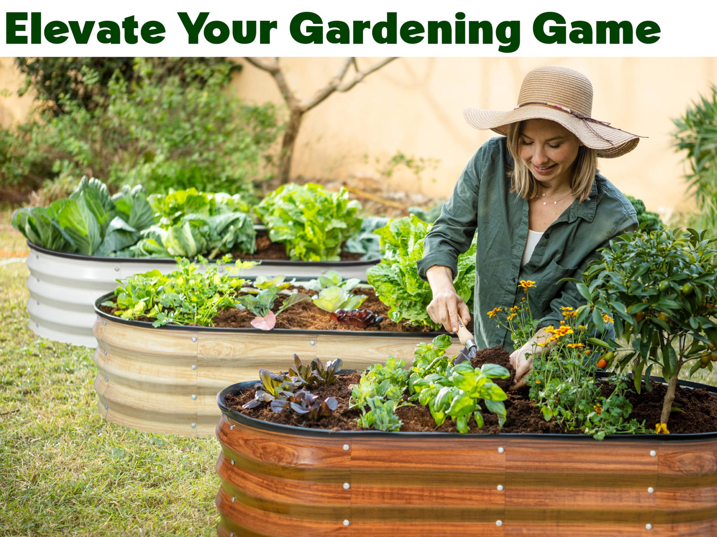 Plant & Plot Galvanized Raised Garden Beds Outdoor // 4×2×1 ft Planter Raised Beds for Gardening, Vegetables, Flowers // Large Metal Garden Box (Dark Wood Grain)