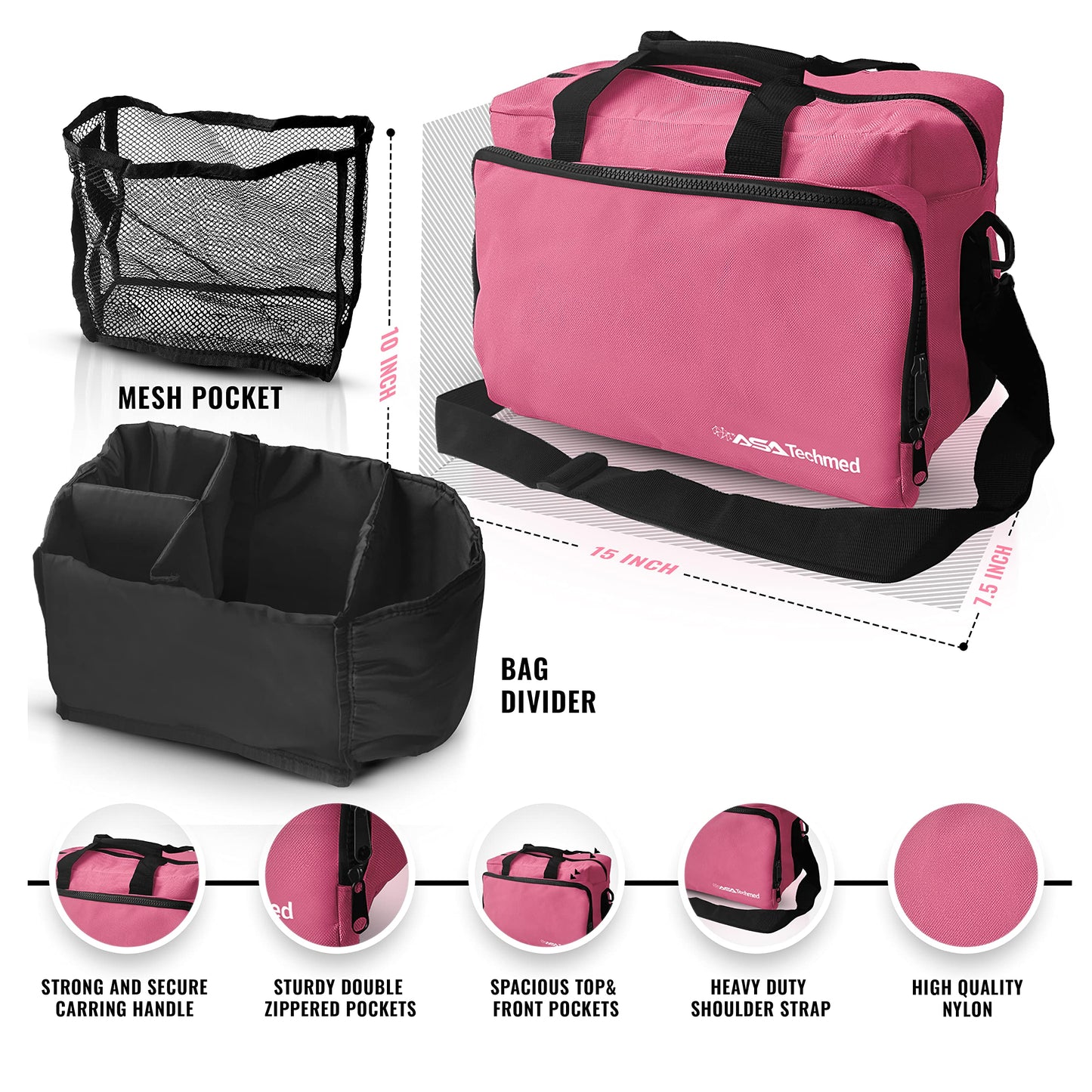 ASA TECHMED Physical Therapy Home Health Aide Comprehensive Kit - Carrying Bag, Blood Pressure Cuff, Stethoscope, Gait Belt- Pink